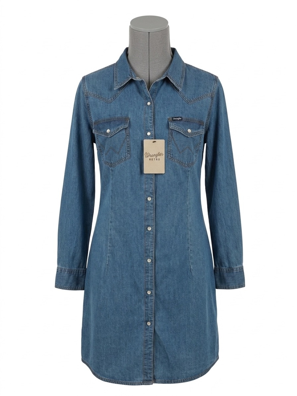 Wrangler Retro Western Snap Denim Wash Casual Dress with Long Sleeves, Size XL